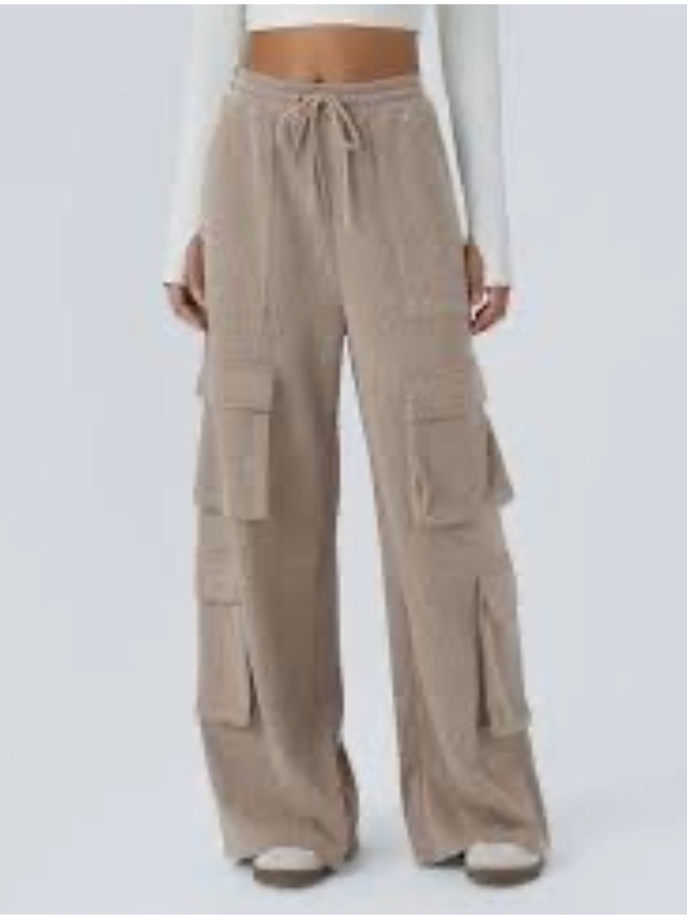 Halara Ribbed Wide Leg Cargo Pants Womens M Tall Mocha Meringue Stretch Casual